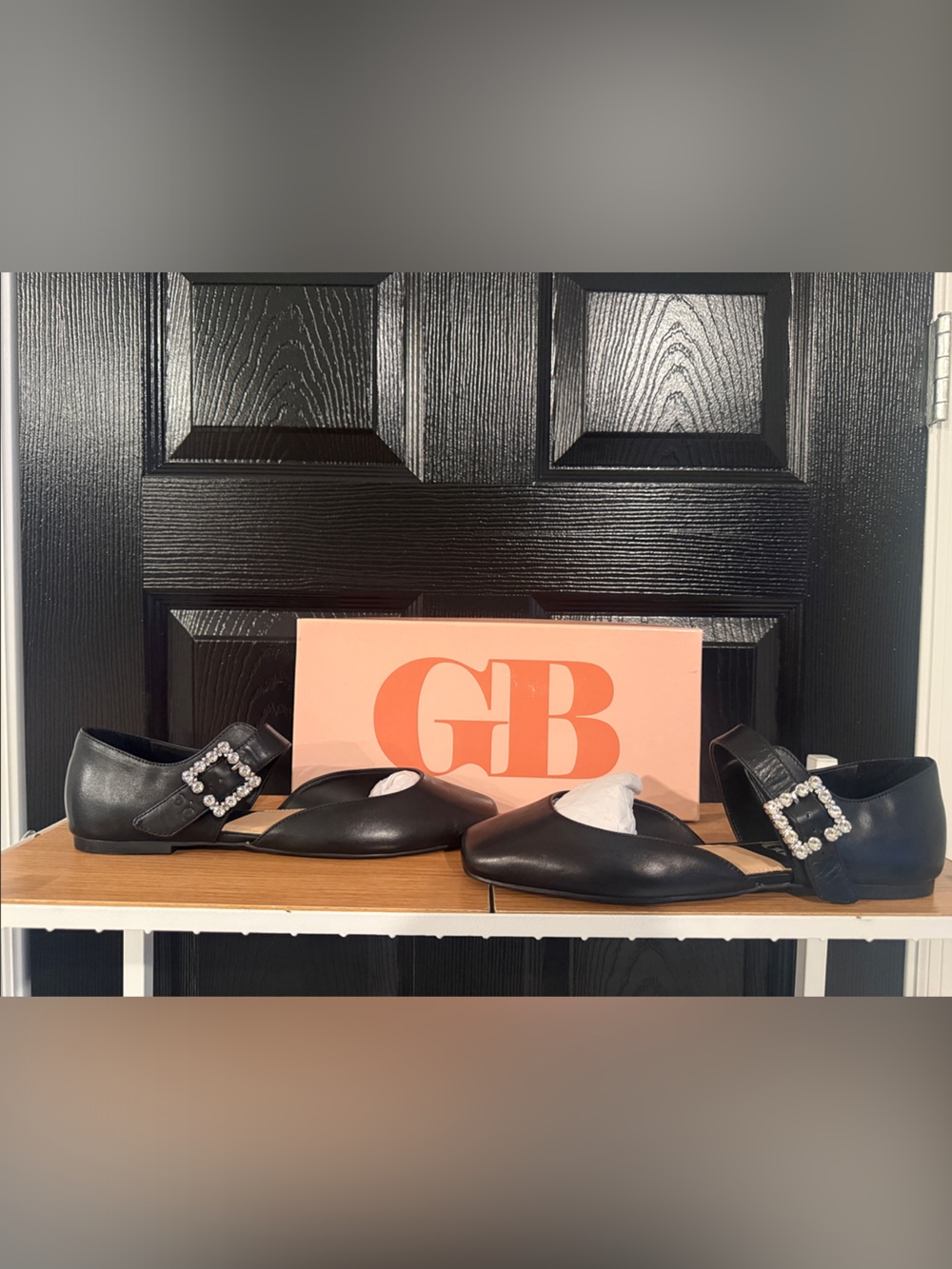 Gianni Bini Black Leather Pointed Flats with Crystal Buckle Strap